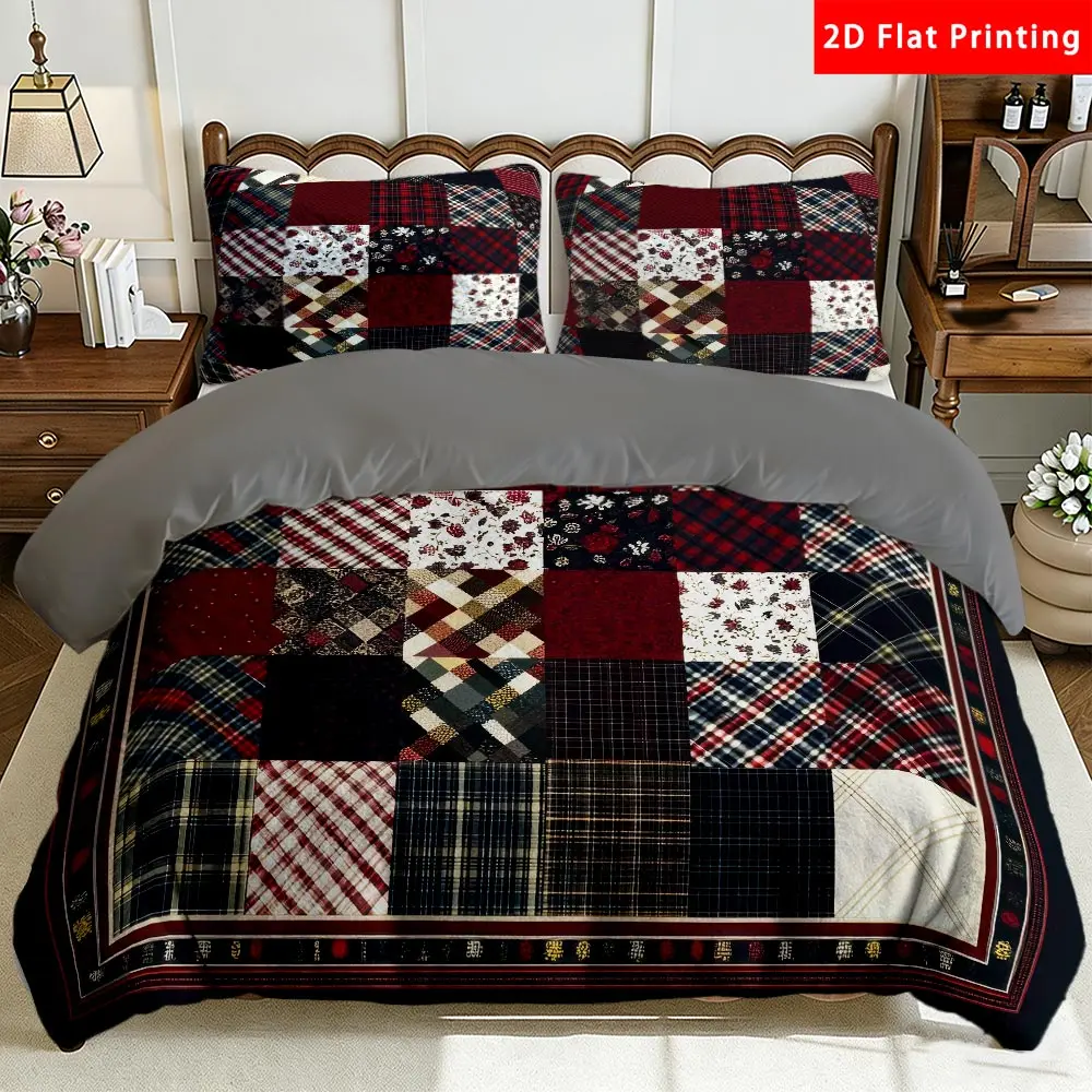 2/3 Pcs 2D Flat Patchwork Plaid Floral Milk Velvet Duvet Cover Set Patchwork Plaid Floral Bedding Set Quilt Cover 1 Duvet Cover + 1/2 Pillowcases Patchwork Plaid Floral Top Sheet Decorative Bedding Bedroom Decor The Preferred Pick for Bedding