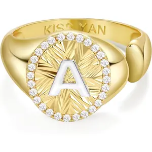 KissYan Initial Ring for Women,14K Gold Plated Adjustable CZ Halo Monogram Signet Letter Ring, Tarnish Resistant Statement Jewelry Gift