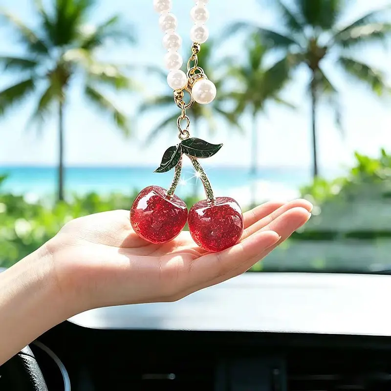 Cute Cherry Fruit Car Mirror Hanging Ornament, Car Interior Ornaments, Car Interior Decorative, Interior Decoration, Car Accessories Gift, Adorable and Delicate Design, Vehicle Decoration