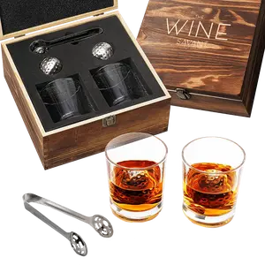 Luxurious Bar Gift Set - Golf Whiskey Glasses - Golf Ball Chillers - Tongs - Set in Premium Wood Box by The Wine Savant - Unique Whiskey Glass Set - Golf Gifts, Golfer Gifts, Gifts for Golf Lovers