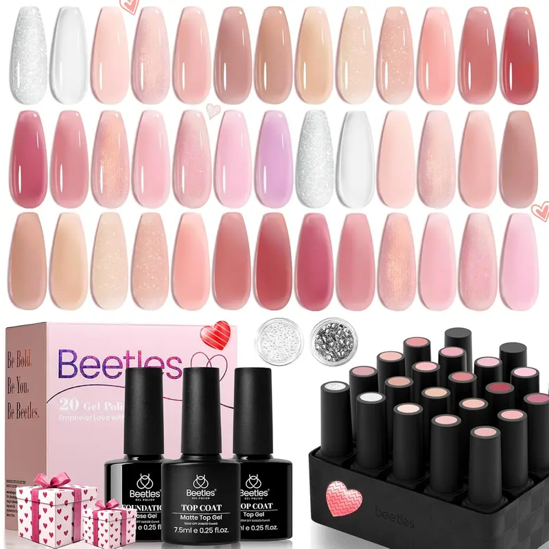 Beetles Multi-Pack Gel Polish Bottles Set - Pink Nude, Shimmery Sheer Glitter, Neutral Jelly Pink, Base & Top Coat, Soak Off, Nail Care for Unisex Adults At-Home DIY Manicure Cuticle Cosmetic