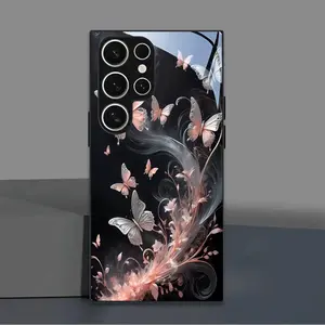 Pink butterfly vine aesthetics new pattern black tempered glass mobile phone case is suitable for more than 15 models of 25Ultra-S20Ultra. Couple models high-end trend anti-drop exquisite creative fashion, gifts iphone  16  pro ipone  17  promax