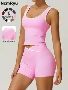 2 piece set women's patchwork high elasticity soft U-neck wide shoulder strap vest cross waist shorts yoga suit set for all seasons running, cycling, hiking, walking fashion set gym sports training Workout Running Clothes versatile vest shorts