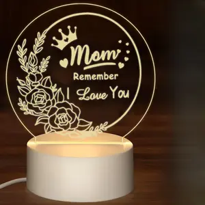Mom Remember I Love You Acrylic LED Night Light, 4.72 Inch Round Floral Crown Lamp, USB Powered Birthday Mother's Day Christmas Gift for Mom, Bedroom Desk Decor lawn surprise small holiday decorative party farmhouse style table decor mini book graduation