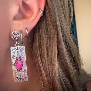 Western Pink Stone Silver Earrings