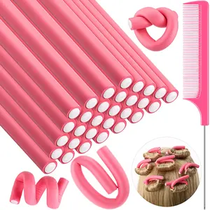 30 Pcs Flexible Curling Rods Twist Foam Hair Rollers Soft Foam No Heat Hair Rods Rollers and 1 Steel Pintail Comb Rat Tail Comb for Women Long Short Hair, Soft Hair Curlers, Pink