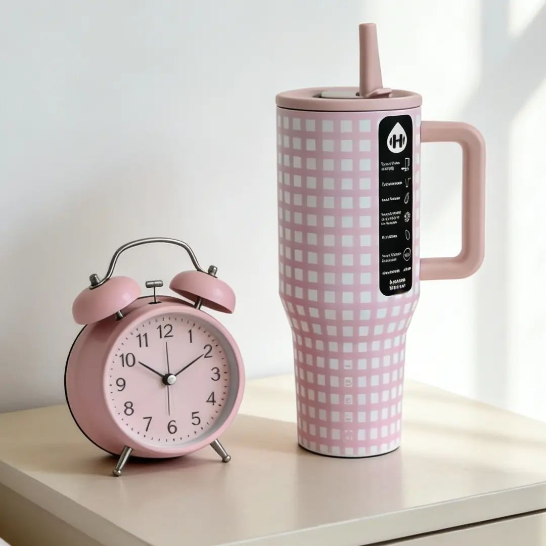HydroJug 40oz Pink White Gingham Handle Stainless Steel Insulated Cup - Leakproof, Girly Look, Large Capacity Vacuum Flask for Commute, Student Use
