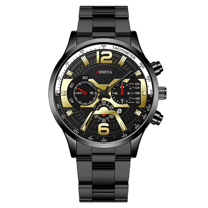 Geneva Men's Black & Gold Chronograph Watch with Tachymeter Dial and Stainless Steel Bracelet