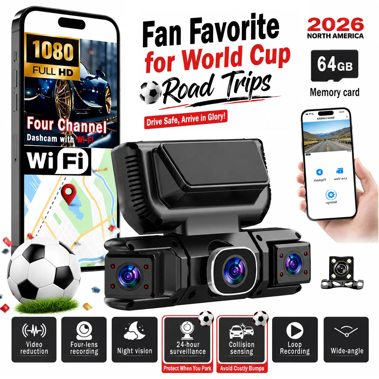 BCUOZ 360-Degree Panoramic 4-Channel Dash Cam is designed for use in vehicles. It features Wi-Fi, night vision, 24/7 recording, and parking mode monitoring, and comes with a free 64GB memory card. Car dash cam, in-car dash cam