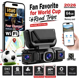 BCUOZ 360-Degree Panoramic 4-Channel Dash Cam is designed for use in vehicles. It features Wi-Fi, night vision, 24/7 recording, and parking mode monitoring, and comes with a free 64GB memory card. Car dash cam, in-car dash cam