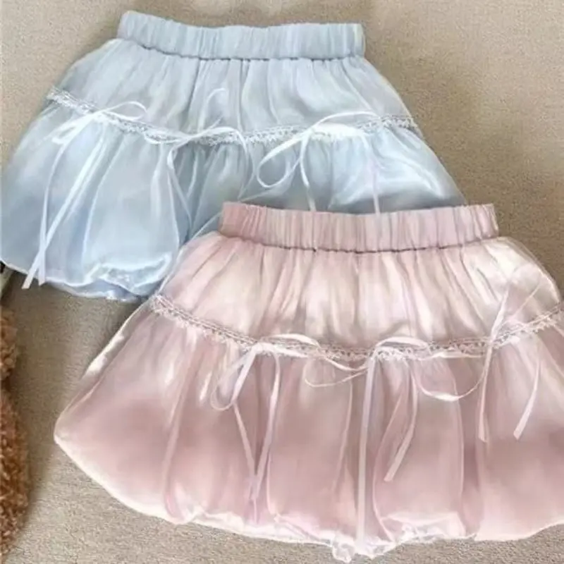 Women's Sweet Ballet Style Bow Mini Skirt Summer Kawaii Harajuku High Waist A Line Cute Preppy Style Fashion Bubble Skirt New