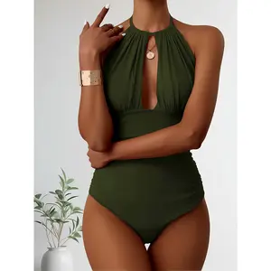 Sexy High Waist One-Piece Swimsuit - Black Crystal Triangle Cut, Ruched Tummy Control Slimming Bikini Style Beachwear
