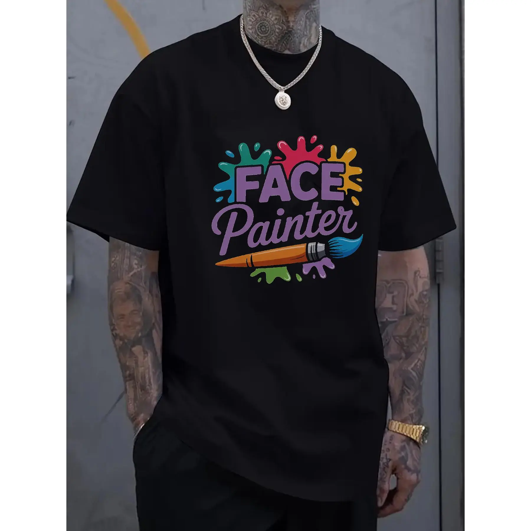 Unisex Plus Size Face Painter Round Neck Short-Sleeve Undershirt - Black, Colorful Brush Artistic Print, Loose Casual Stylish Menswear Sports Top, Breathable Fabric, Festival Event Apparel