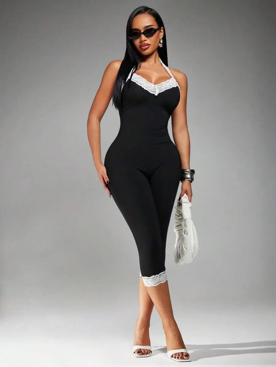 Women's Seksi Chic Black And White Contrast Lace Trim 3/4 Length Jumpsuit,High Stretch Knit Skinny Summer Club Night Casual Wear For Holiday Trips