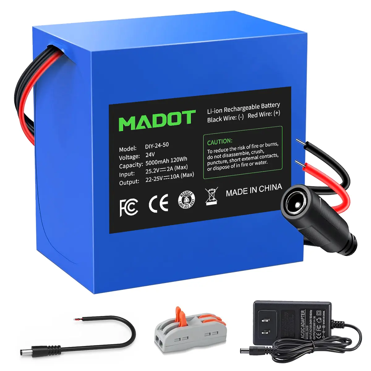MADOT 24V 5Ah Rechargeable Lithium-Ion Battery Pack with 2A Charger, Bare Leads Wire & Cable Connector, for DIY Projects RC Cars LED Light Strips CCTV Cameras Solar Security Lights & Outdoor Speakers