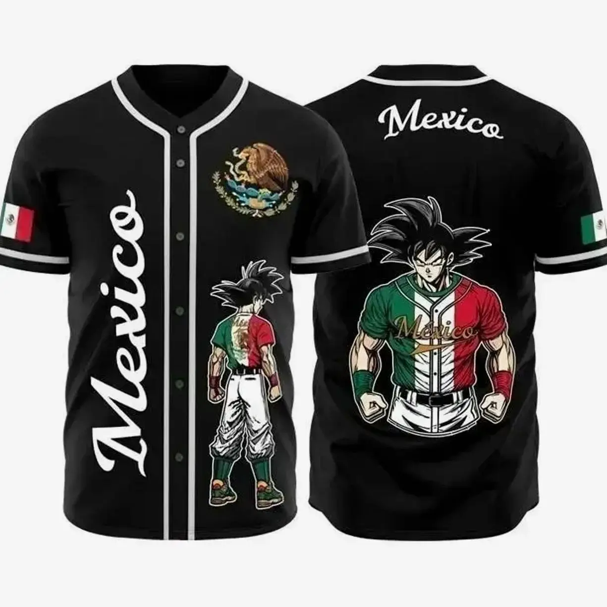 Mexican Goku Inspired Design for Fans Stylish Black Baseball Jersey Shirt Customizable for All Occasions Baseball Jersey