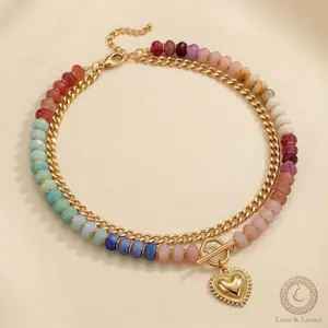 Y2K Chunky Layered Necklace | Pastel Beaded Gold Chain Toggle Choker with Textured Heart party necklace casual necklace  layered necklace set  gift necklace for her  beaded necklace set  daily wear necklacedopamine necklace