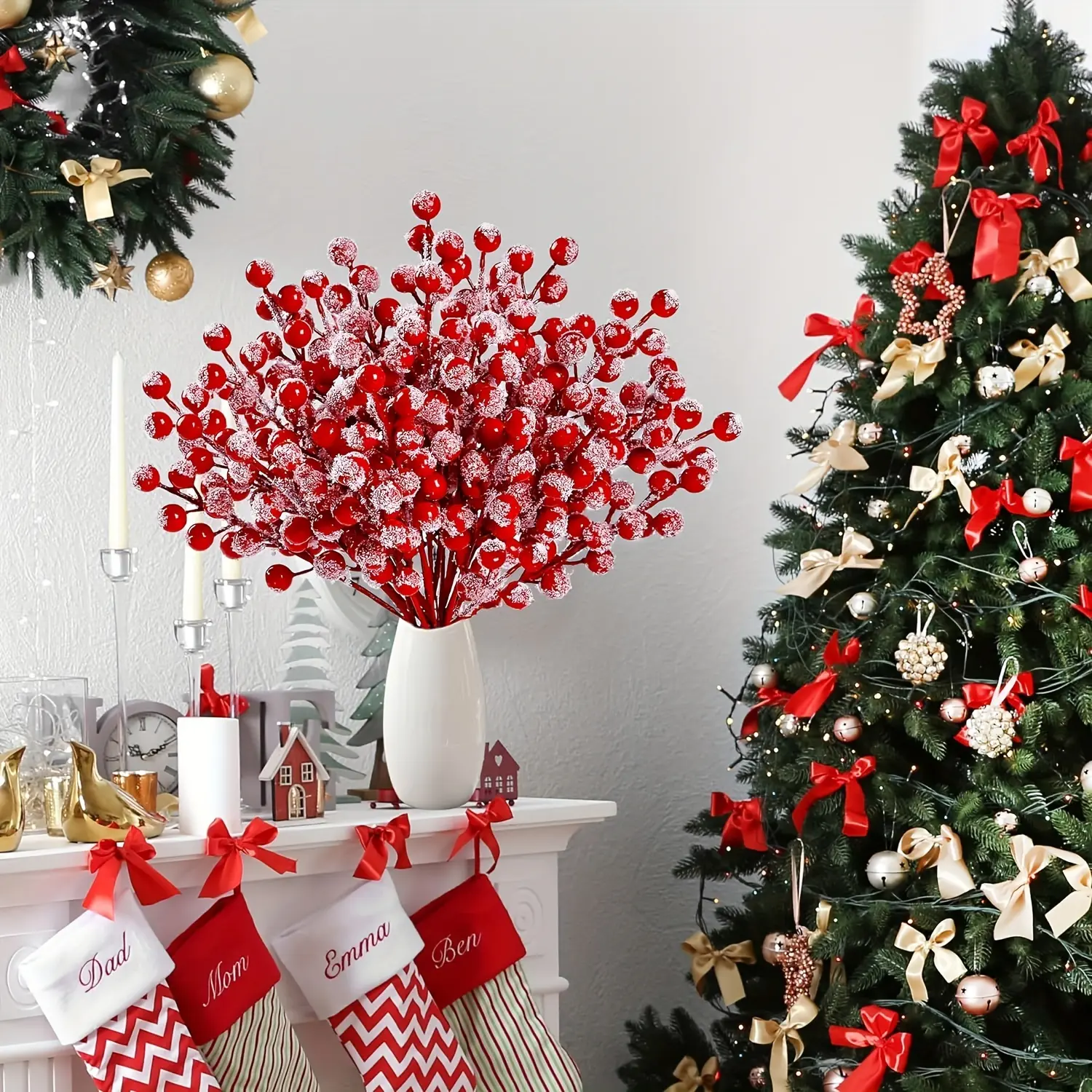 10-Pack Artificial Red Berry Stems with Glossy Crimson Berries - Snowy Winter look Christmas Decorations, Christmas Ornaments, Durable Plastic Stems for Indoor/Outdoor Xmas Trees, Garlands, Wreaths - No Maintenance Needed, All-Weather Decoration