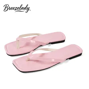 Women’s Pink Patent Square Toe Flip-Flops, Open-Toe Thong Sandals with Glossy Faux Leather Upper, Cushioned Non-Slip Sole for Beach, Everyday Summer Wear