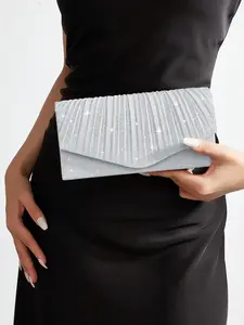 Shiny ruched envelope clutch bag, women’s sequin evening handbag with detachable chain, formal clutch available in multiple colors, perfect for brides, parties, dance events, and special occasions