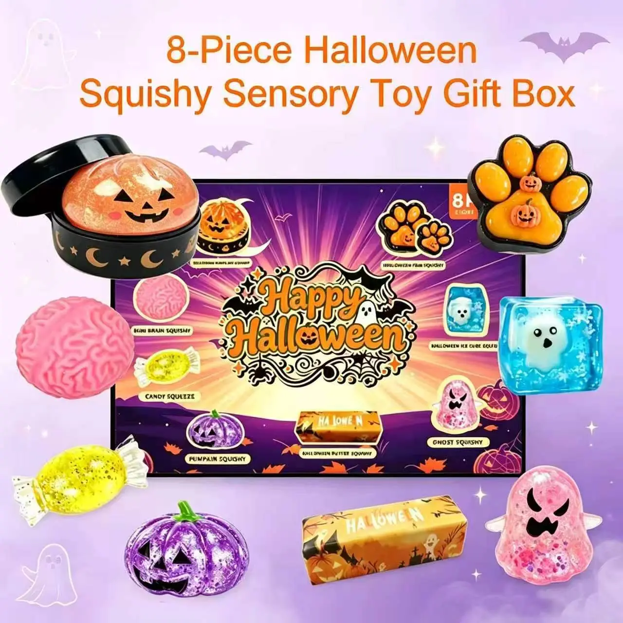 Halloween 8-Pack Gift Box, Malt Sugar Slow Rebound Squishy Stress Relief Fidget Toy Set, Spooky Sensory Bundle, 8 Assorted Horror Designs, Perfect Gift for Birthdays, Halloween and Themed Horror Parties