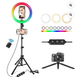 10" RGB Ring Light with 63" Tripod | 15 Color Modes + 10 Brightness | Perfect for TikTok Effects & Live Stream Backdrops circle light Portable Cell Phone Tripod with Selfie Light sturdy  tripod Aluminium Mount creator  assistant  tool Smartphone Compact