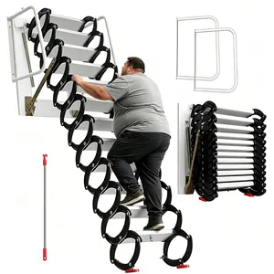 Wall-Mounted Attic Ladder, 12 Steps Retractable Stairs with Handrails, Max Load 1100 LBS, 118 Inch Height, Black escalera portable sturdy wide pedal