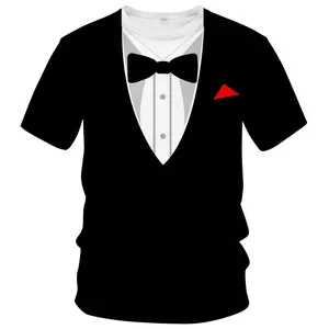 Unisex Black Tuxedo-Print T-Shirt | Bow Tie & Red Pocket Square | Formal Events, Cocktail Parties, Weddings, Adult Wear