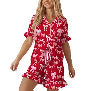 Asvivid Women's Sweet Bow Print Ruffled Short Sleeve Shirt & Shorts 2pcs Valentine Day Pajama Set for Women - Summer Holiday Style