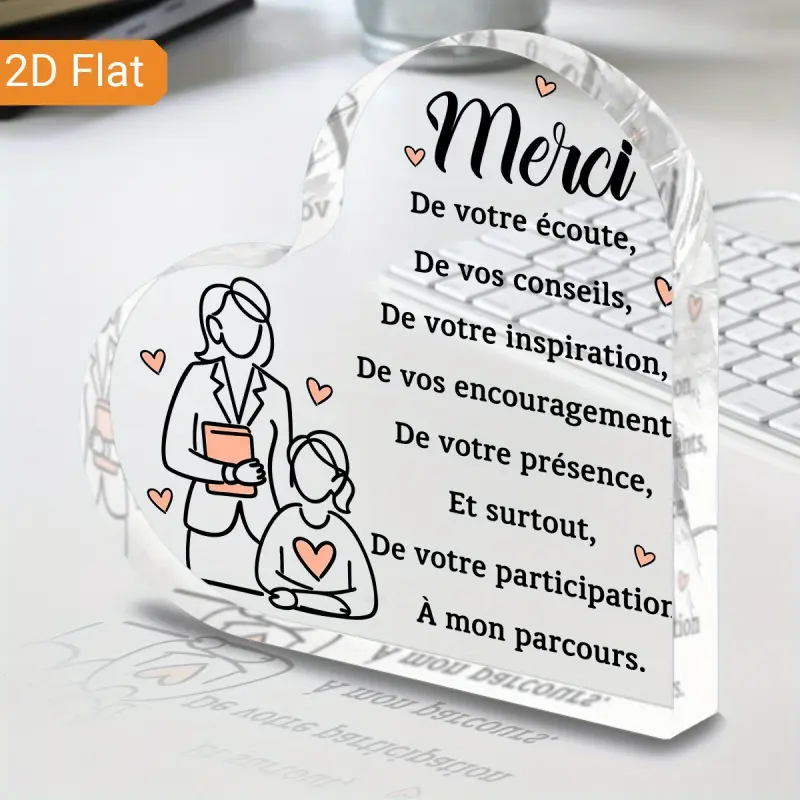 Heart-shaped Acrylic Decorative Sign - French "Merci" Design, Teacher's Day Graduation Gift, Boss/Coach Appreciation, Back-to-School Season Classic Desktop Ornament, No Power Required, High-quality Craftsmanship, Elegant Office Decoration, Suitable for Pr