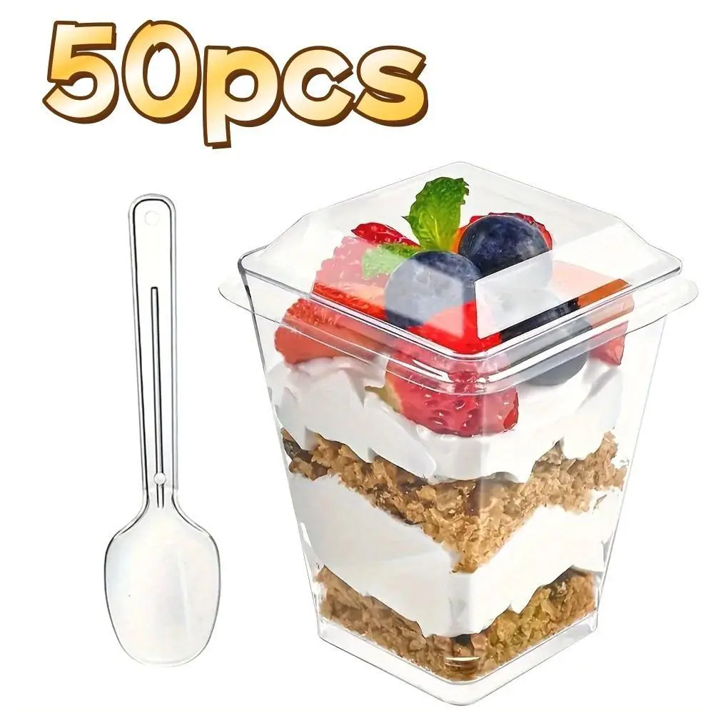 (Quick Arrival) 50/100/150/200 Packs 5oz/8oz Plastic Dessert Cup with Lid & Spoon Set, Pudding Cup with Lid, Mini Dessert Cup, Party Gathering Use, Suitable for Large Gatherings, Family Gatherings, Camping Picnics