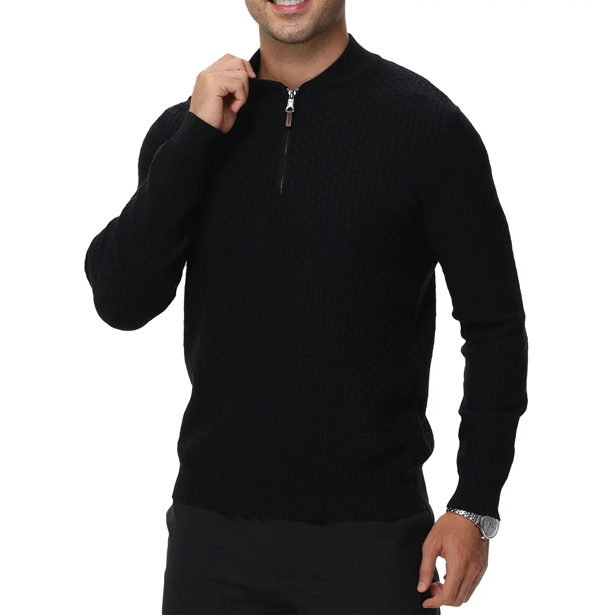 Men's Quarter-Zip Knit Pullover Sweater, Menswear Long-Sleeve Fashion Casual Henley, Winter Warm Knitwear (Black)