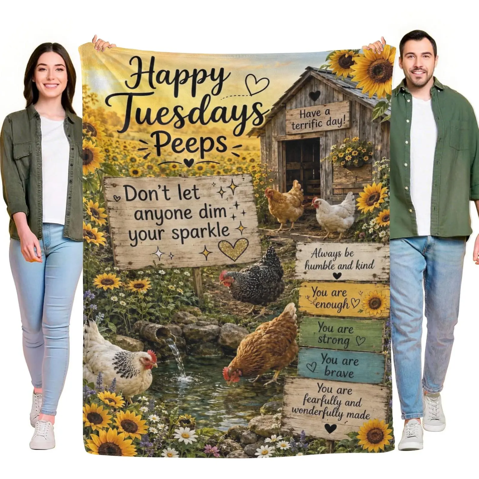 Happy Tuesdays Peeps Farm Chicken Sunflower Inspirational Quote Flannel Throw Blanket, Rustic Country Farmhouse Cozy Blanket For Sofa Bed Decor