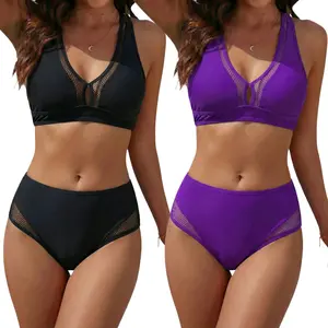Women's 2 Pieces Swimsuit Mesh Splicing V Neck Racerback Top with Removable Pads, High Waisted Tummy Control Full Coverage Bottoms, Modest & Sexy Quick-Drying Swimwear