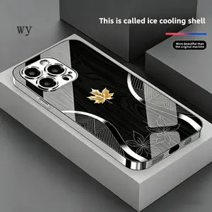 High-end business style curved golden maple leaf wood grainpattern high-quality electroplated silver glass protective casefor iPhone 17 16 15 14 13 12 11 pro max. Simple, creative,high-end, trendy, cute
