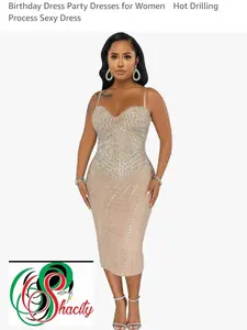 ShaCity Sexy Rhinestone Dress Party Club Dress, Pencil Bodycon Wrap, Elastic Shoulder Straps - Womenswear Formal