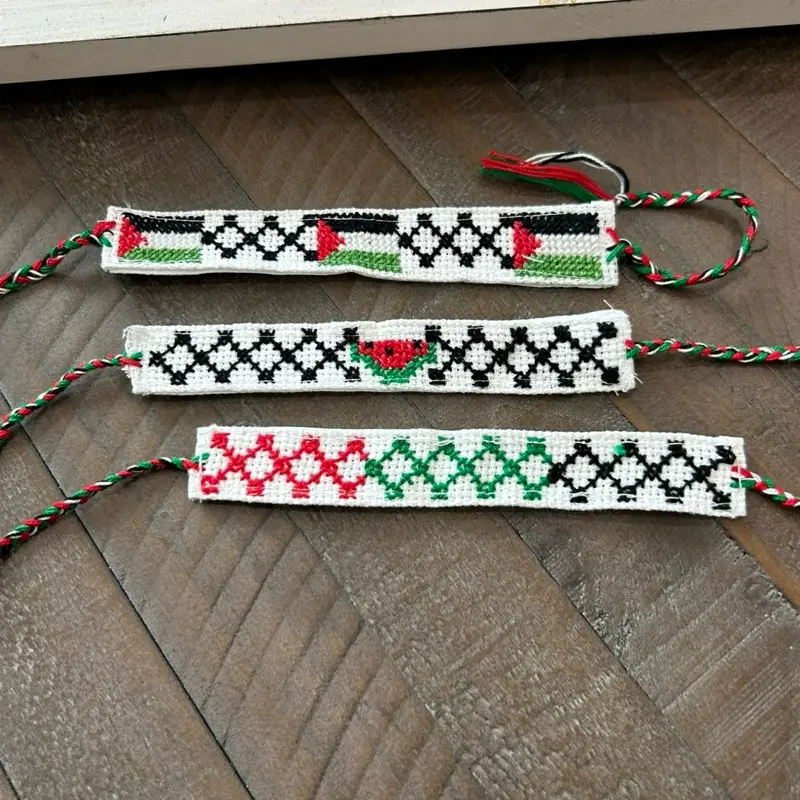 Authentic Handmade Palestinian Embroidery Handwoven Tatreez Palestinian Bracelets Keffiyeh Flag & Watermelon Design with Colorful Tassels