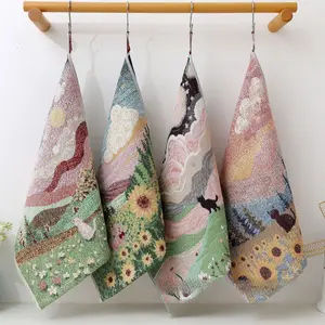 4pcs 4-Layer Pure Cotton Cat & Floral Square Towels – Thick Soft Dishcloths, Hand Towels, Multi-Purpose Gauze Cleaning Cloths