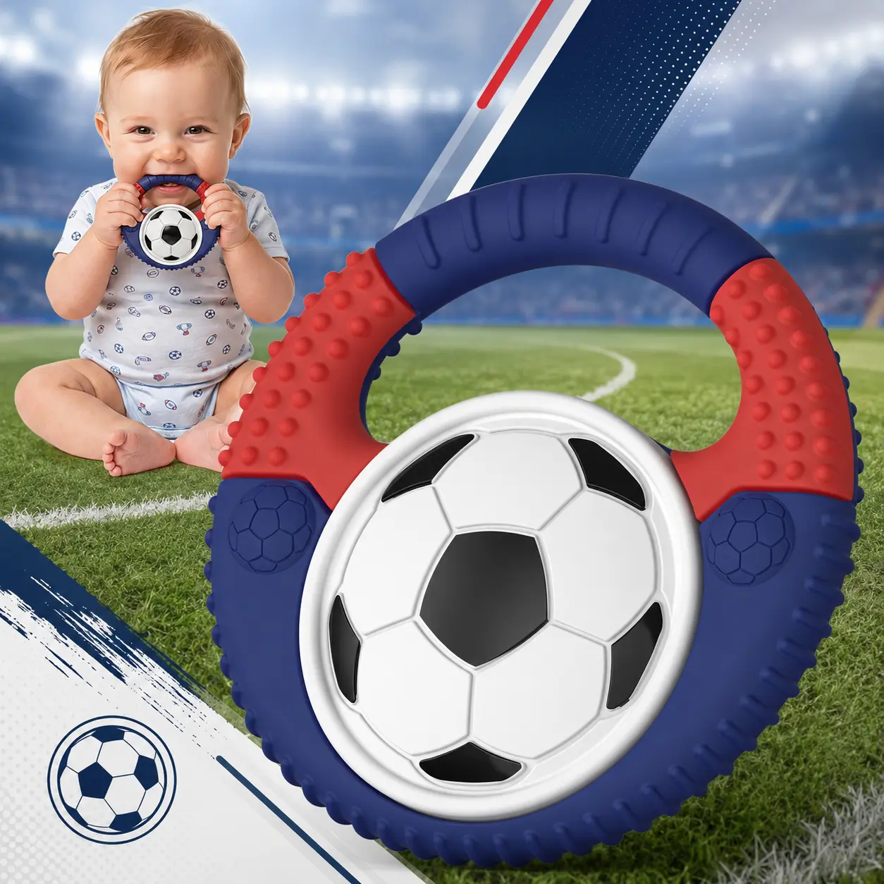 Baby Teething Toys Silicone Baby Soccer-Themed Teether Over 3 Months - Baby Essentials Sensory Chew Toys - Baby Teether for Teething Relief - BPA Free Infant Toys Baby Shower Gifts