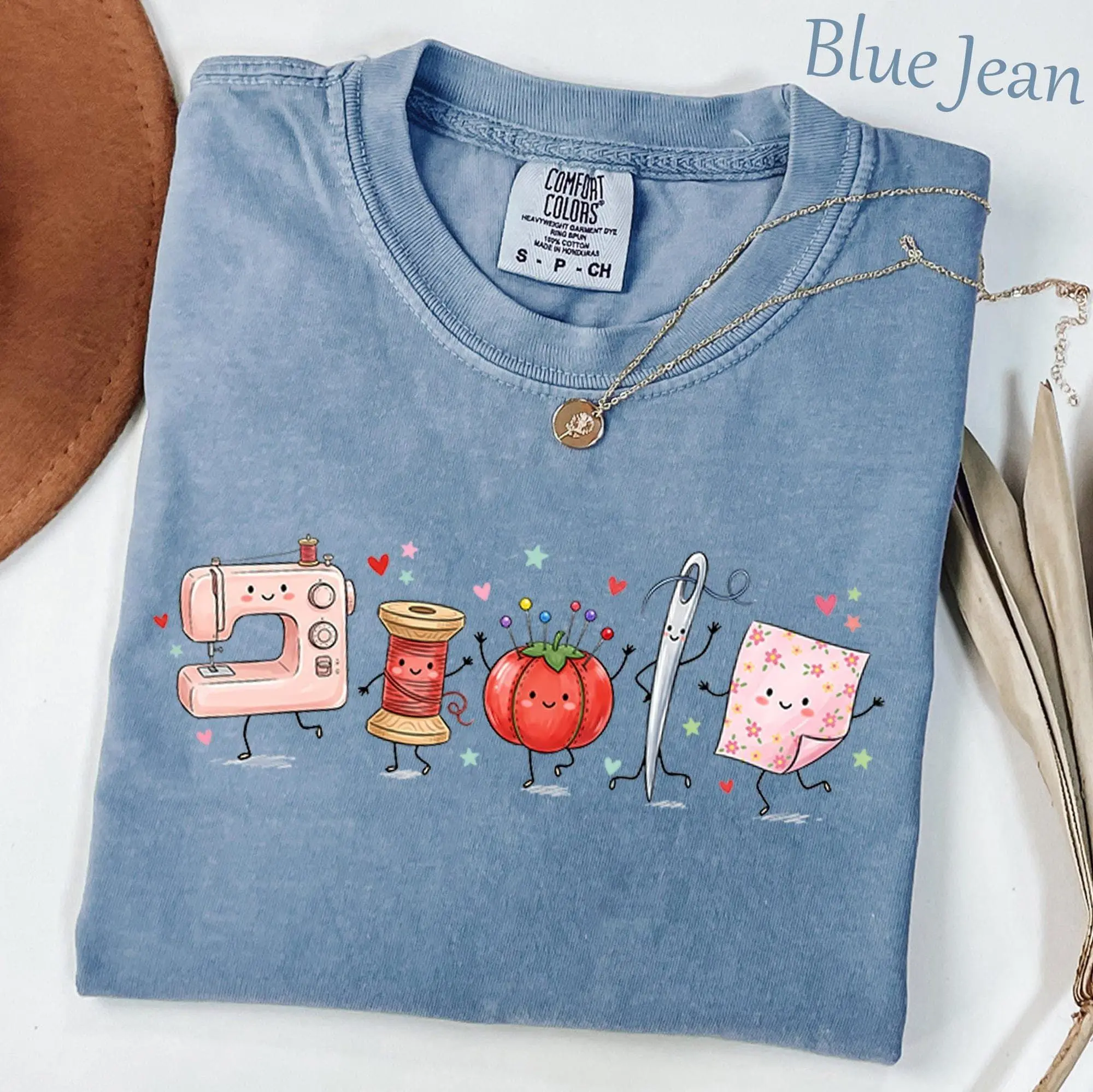 Comfort Colors Sewing Doodle Character Shirt, Quilter and Crafter Shirt, Sewing Machine Thread Needle Fabric Shirt, Funny Sewing Lover Gift