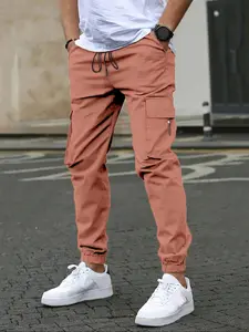 Men's Solid Flap Pocket Cargo Pants, Regular Fit Casual Comfy Elastic Waist Trousers for Daily Wear, Men's Bottoms for All Seasons, Casual Streetwear Pants, Beige