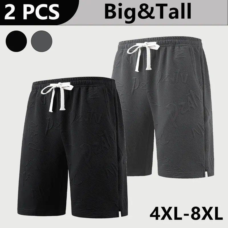 4XL–8XL Plus Size Men Jacquard Letter Casual Shorts — Extra Wide Loose Fit with 3D Print, Adjustable Drawstring Elastic Waist, Suitable for Casual Sports and Outdoor Walks