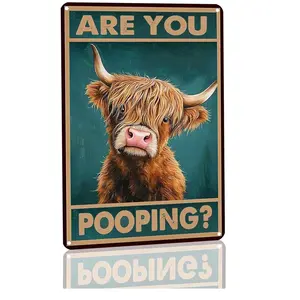 Metal Sign Vintage Sign Highland Cow Are You Pooping Funny Tin Sign for Bathroom Toilet Wall Decor 8x12 Inch