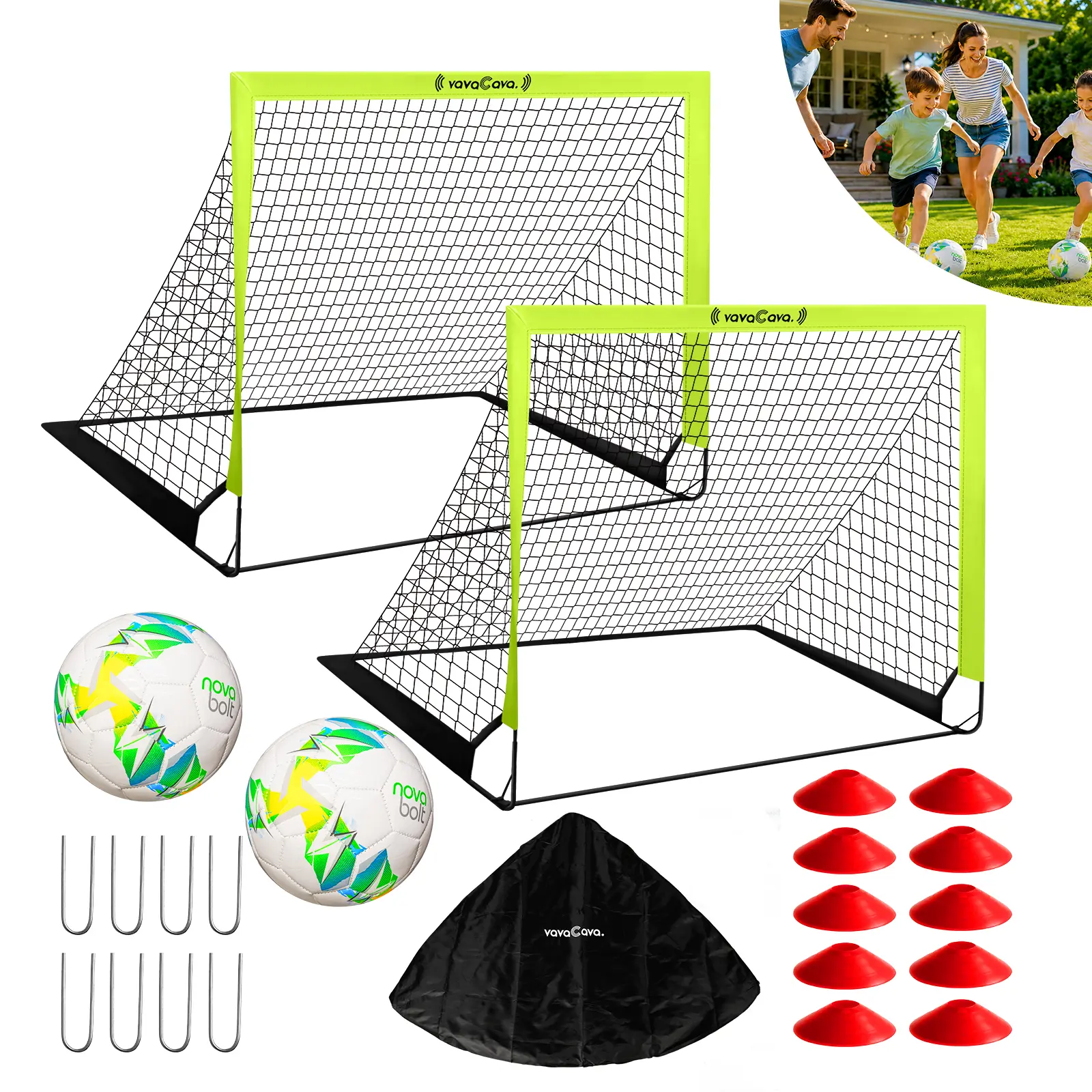 VavaCava 4'x3' Soccer Goal Set, 2 Goals, 2Balls, Keychain, 10 Cones, Pump, Carry Bag,Portable PopUp Soccer net for Backyard,Outdoor Games for Backyard,Beach, Lawn, Soccer Training Equipment