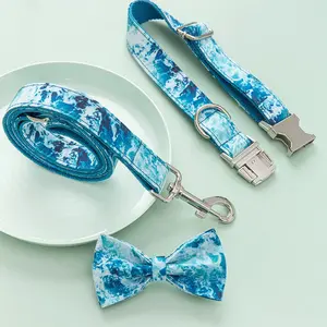 Ocean Wave Pattern Dog Collar and Leash Set, Blue and White