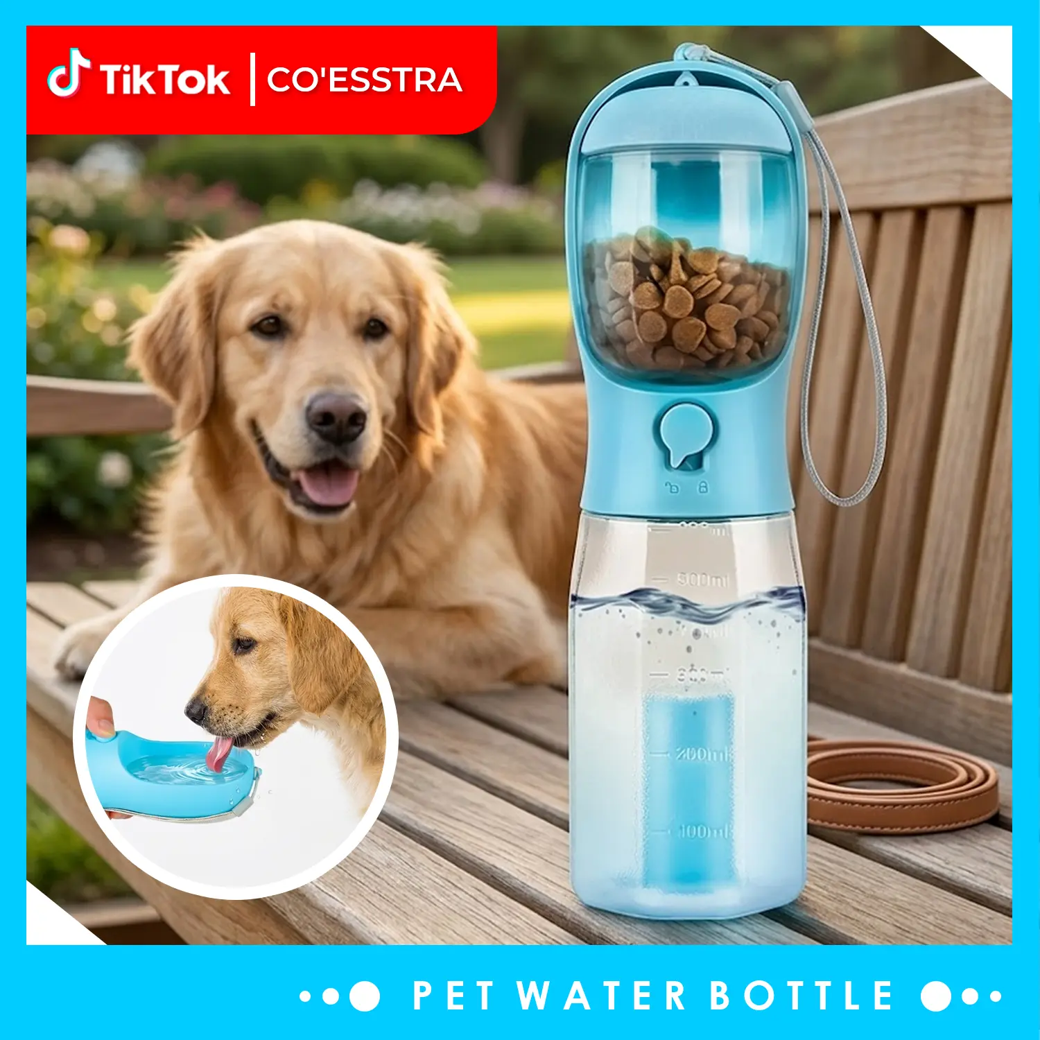 3in1 Pet Water Bottle with Built-in Filtration - 20oz BPA-Free Lock Seal Spill-Proof Container, Easy-to-Use, Poop Bag Dispenser, Food Storage for Travel, Hiking (Dog Feeding Supplies)