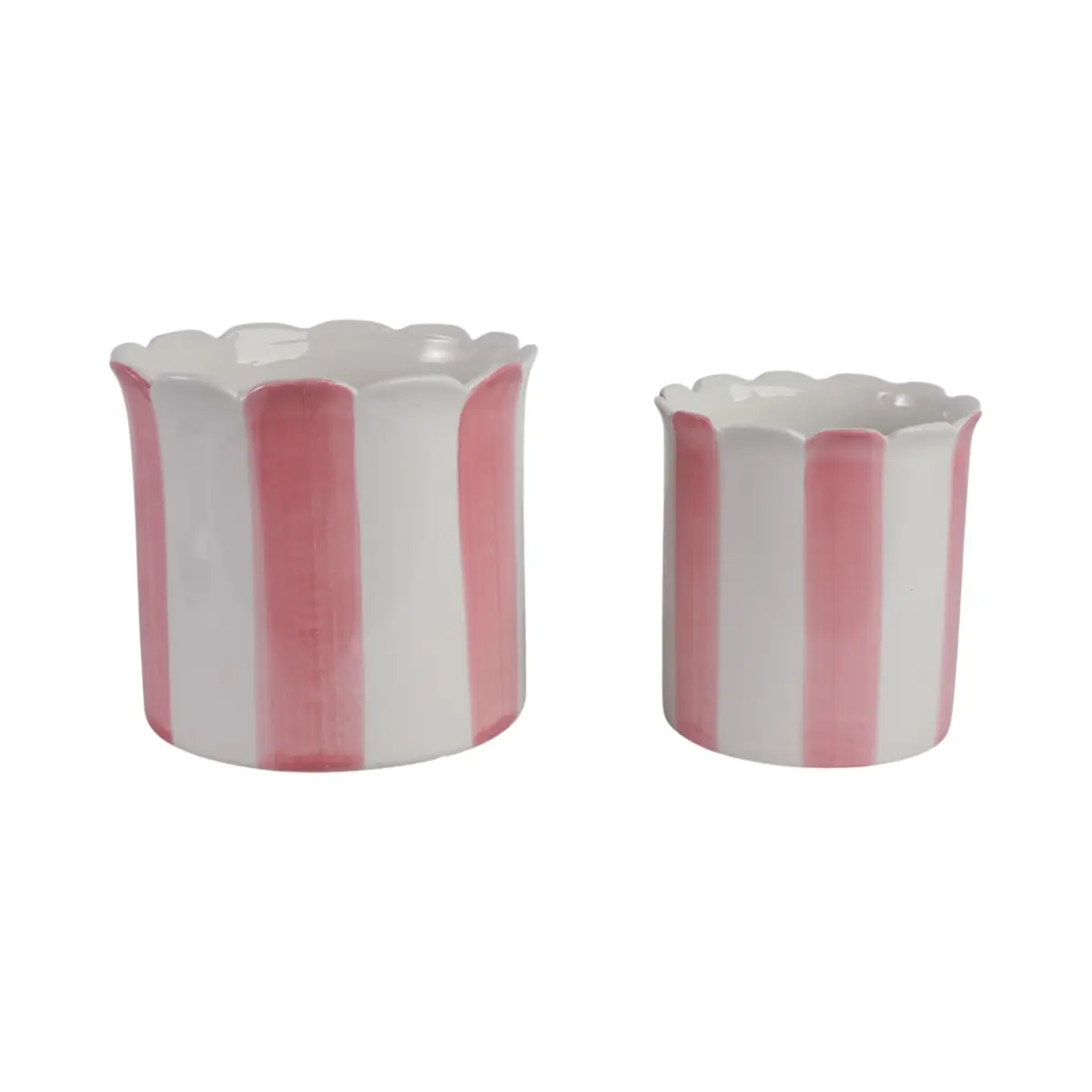 Sagebrook Home 2-Piece Ceramic Urn Planters - 6-8 in. Striped Scallop Edge White & Pink Garden Pots, Decorative Colorful Ceramic Flower Pots for Container Gardening, Garden Accessories & Plant Decor