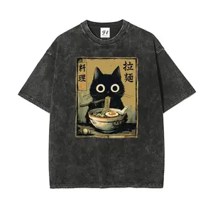 Cute black cat eating ramen printed washed t-shirt