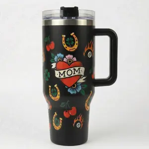 Mom Heart Tattoo 40oz Travel Cup With Handle -  Keeps Hot 12 Hours Cold 24 Hours - Unique Mother's Day Gift - Best Birthday Gift For Her