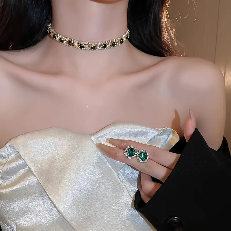 Elegant Green Necklace and Earrings Set for Women DDXL0036 Prom Party Clavicle Chain Accessory 14K Gold-Plated